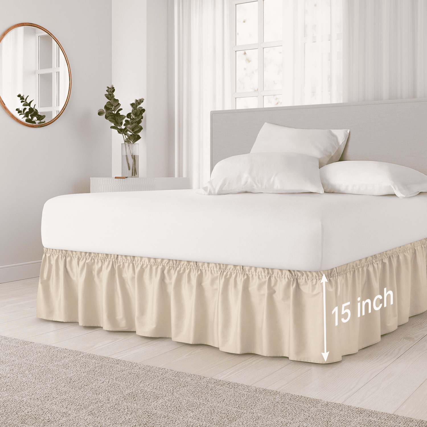 Cream Polyester Queen Size Ruffled Bed Skirt with Elastic Wrap