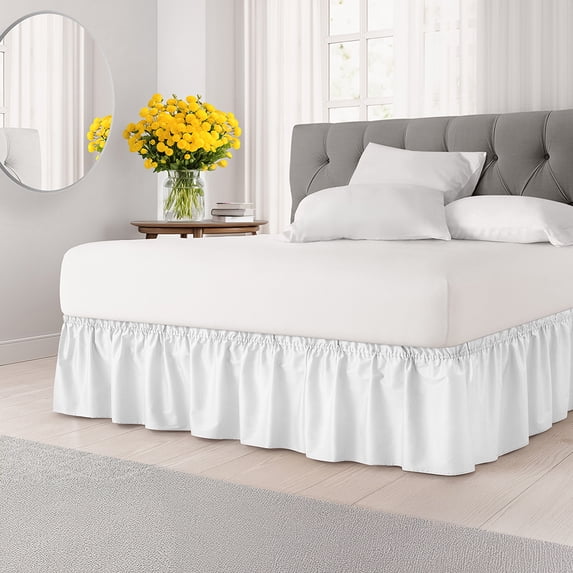 Elastic Wrap-Around Dust Ruffled Bed Skirt - Easy Fit with Pleated 15" Drop