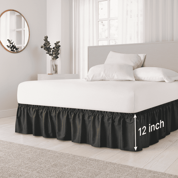 CGK Linens Wrap Around Dust Ruffle Bed Skirt - For Twin Size Bed With 12 Inch Drop, Easy Fit Elastic Strap - Pleated Bedskirt, Black