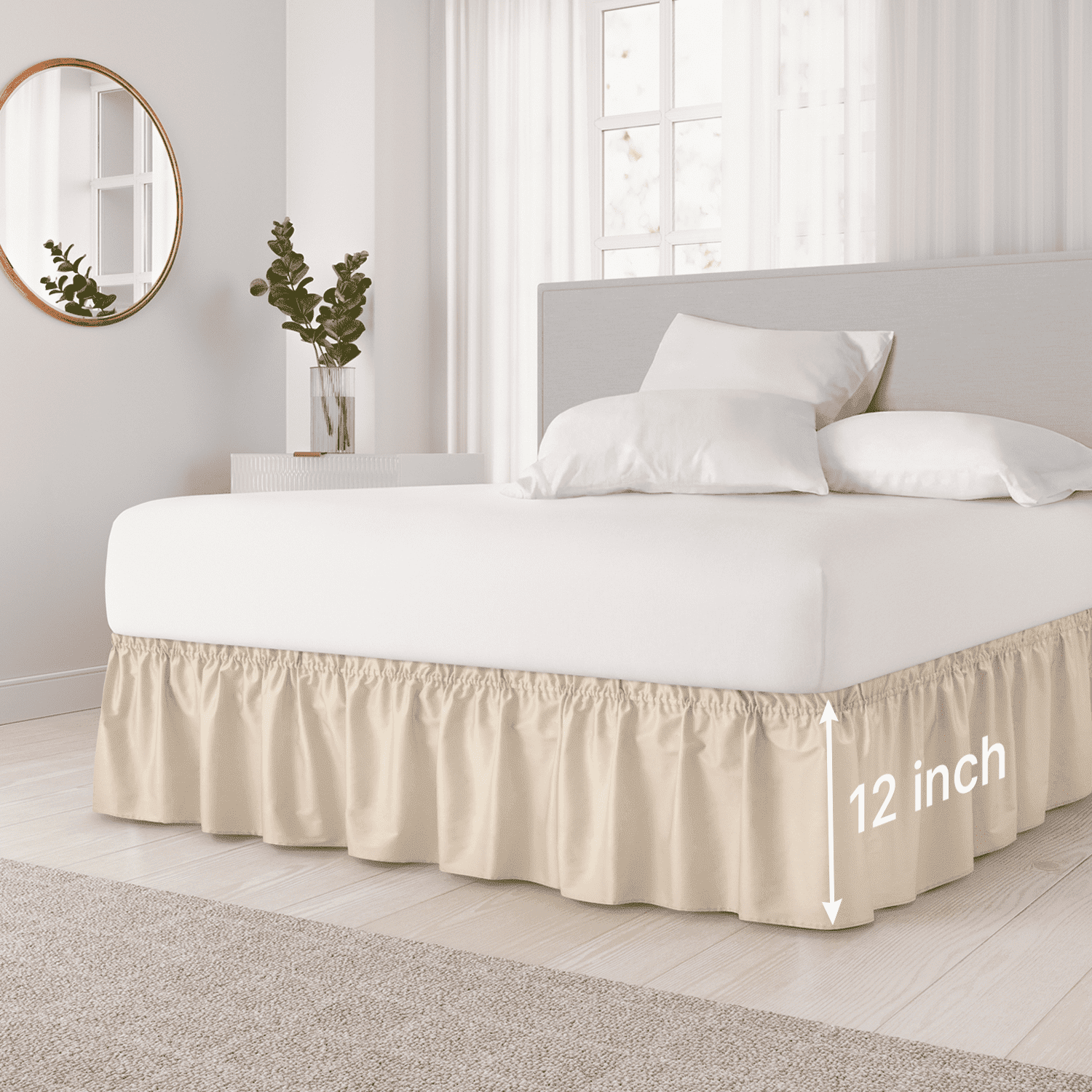 CGK Linens Wrap Around Dust Ruffle Bed Skirt - For Twin Size Bed With 12 Inch Drop, Easy Fit Elastic Strap - Pleated Bedskirt, Cream