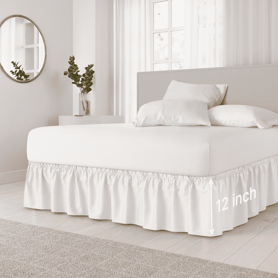 CGK Linens Wrap Around Dust Ruffle Bed Skirt - For Twin Size Bed With 12 Inch Drop, Easy Fit Elastic Strap - Pleated Bedskirt, White