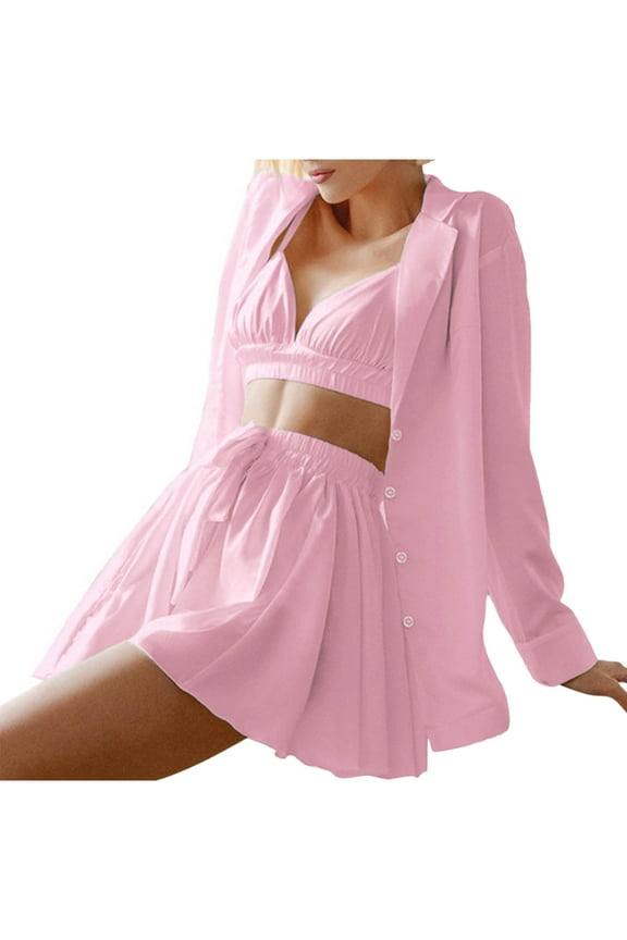 Women Pajamas Set 19 Piece Lounge Sets with Open Front Cardigan Pocketed Cami and Shorts Pjs with Button Robe Set Satin Sleepwear Loungwear for Home, Hot Pink, Small