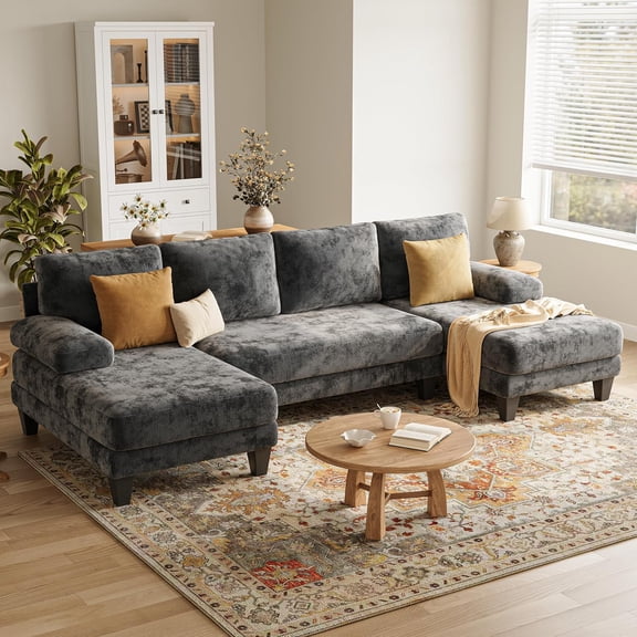 CGQP Dark Grey U Shaped Sectional Couch 112 Inch Modern Chenille Sofa With Double Chaise For Living Room Apartment Easy Assembly