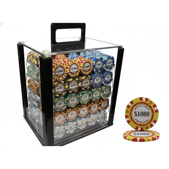 CGS Monte Carlo Poker Club 1000-Piece High Stakes Tournament Poker Chip Set with Acrylic Carrier, 10 Racks, Mixed Denominations for Casino Games