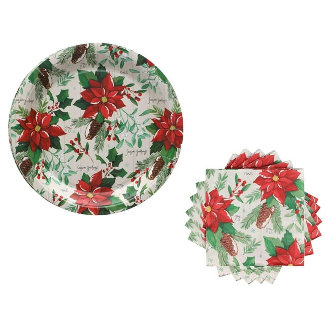 CGT Christmas Poinsettia Paper Plates & Napkins Set Disposable