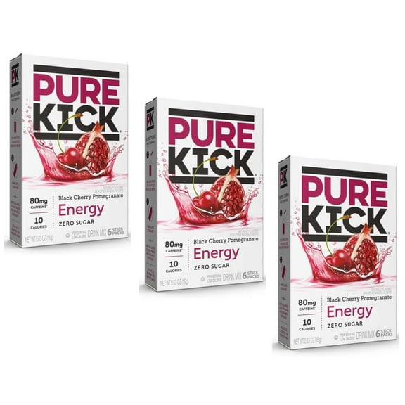 Pure Kick Energy Black Cherry Pomegranate Singles to Go Zero Sugar Caffeine Vitamins Electrolytes Gluten Free Water Enhancer Hydration Powdered Drink Mix (3 Boxes-6 Packets per Box=18 Servings)