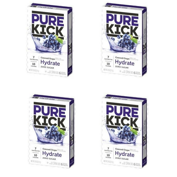 Pure Kick Hydrate Concord Grape Singles to Go Zero Sugar Caffeine Vitamins Electrolytes Gluten Free Water Enhancer Powdered Drink Mix On-The-Go(4 Boxes-6 Packets per Box=24 Total Servings)