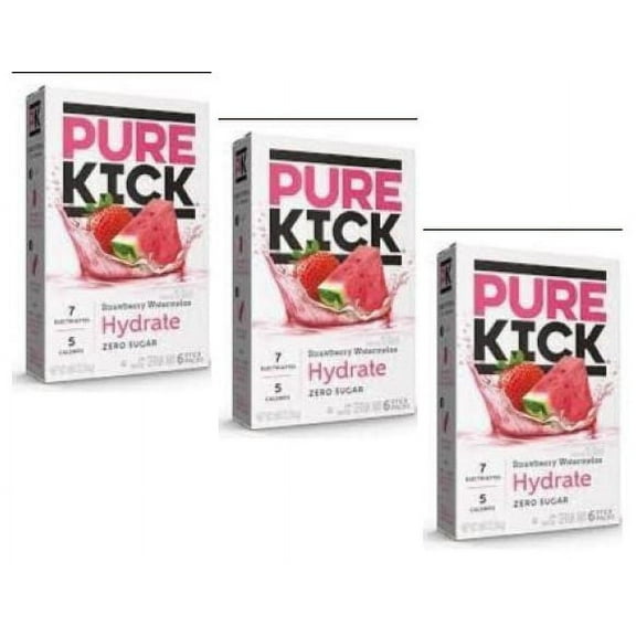 Pure Kick Hydrate Strawberry Watermelon Singles to Go Sugar Caffeine Vitamins Electrolytes Gluten Free Water Enhancer Hydration Powdered Drink Mix(3 Boxes-6 Packets per Box=18 Total Servings)