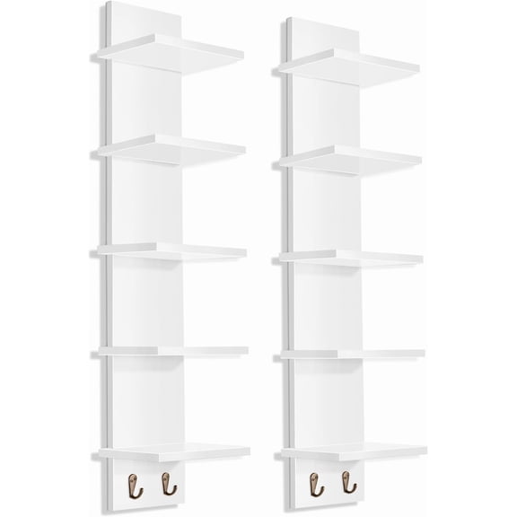 CGTER 5 Tier Wall Shelf Unit with Hooks, Vertical Column Utility Shelving for Home Decor and Storage Organizer, Wall-Mounted Floating Shelves for Bathroom Storage, Bedroom (2 Pack)