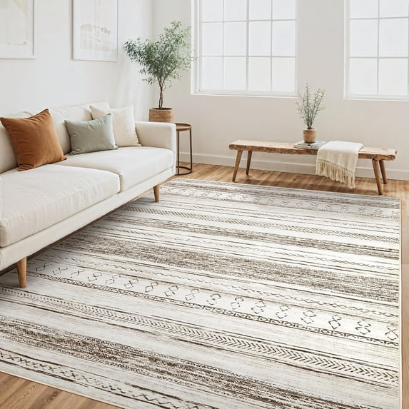 CGTER Area Rug Living Room Rugs - 5x7 Washable Large Soft Neutral Boho Moroccan Bohemian Farmhouse Rug Indoor Floor Carpet for Bedroom Under Dining Table Home Office Decor - Cream Brown