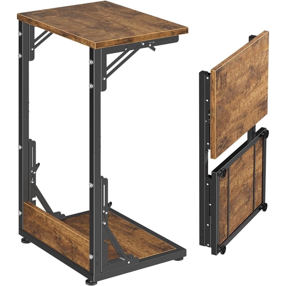 CGTER Folding Side Table, C Shaped End Table, TV Tray Couch Table for Living Bedroom, Rustic Brown