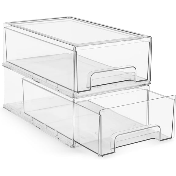 CGTER Medium Clear Stackable Storage Drawers 2-Pack Plastic Organizer Bins with Handles Stackable Pull-Out Storage Drawers for Closet, Pantry, Office, Bathroom, Craft, and Toy Organization