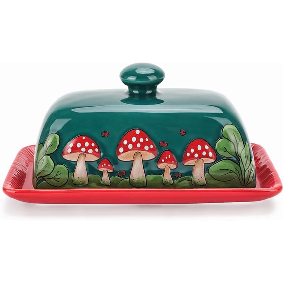 CGTER Mushroom Butter Dish With Lid Cute Cottagecore Ceramic Storage Container, Vintage French Covered Tray, Boho Farmhouse Kitchen Decor Gift, Unique Countertop Holder (Dark Green, Standard)