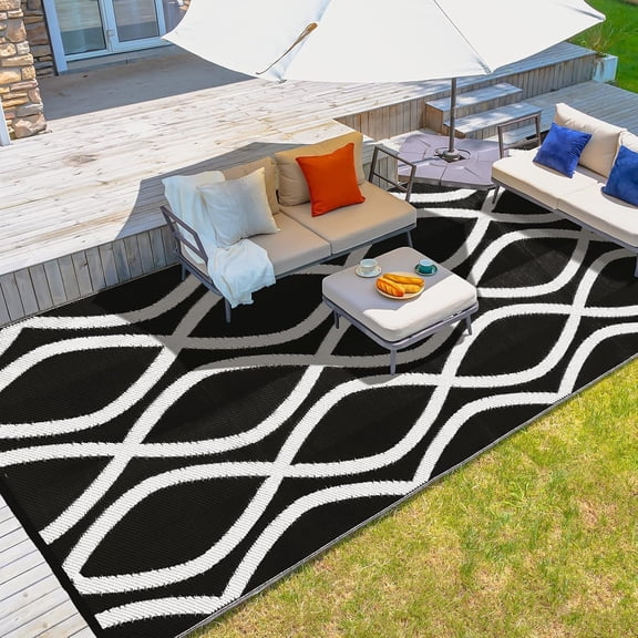 CGTER Outdoor Rug, 9x12ft Waterproof Reversible Mat Indoor Outdoor Rugs Carpet, Small Area Rug Plastic Straw Rug for Patio Deck Balcony Pool RV Camping Beach Picnic, Black & White, Rugscape Series
