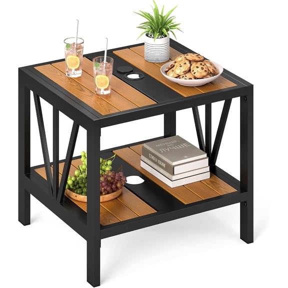 CGTER Outdoor Side Table with Umbrella Hole 1.57, 2-Tier Coffee Bistro End Table Umbrella Stand with Storage Shelf, for Backyard Poolside Garden (1)