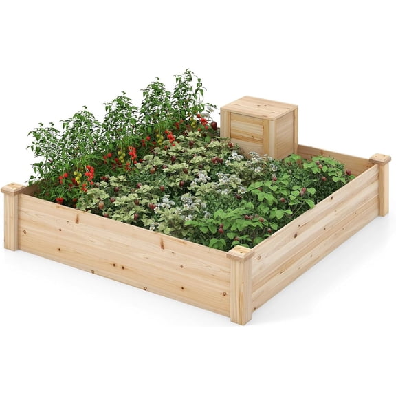 CGTER Raised Garden Bed, 49"x49"x10" Wood Planter Box Kit w/Compost Bin & Open-Ended Bottom for Vegetables, Flowers, Herbs, Fruits, Elevated Square Planting Bed for Patio, Backyard, Garden