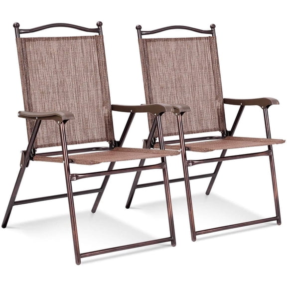 CGTER Set of 2 Patio Folding Chairs, Outdoor Patio Dining Chairs w/Armrest, Sling Back, Metal Frame, Outside Use for Lawn Camping Garden Pool Beach Yard Lounge, No Assembly, Brown