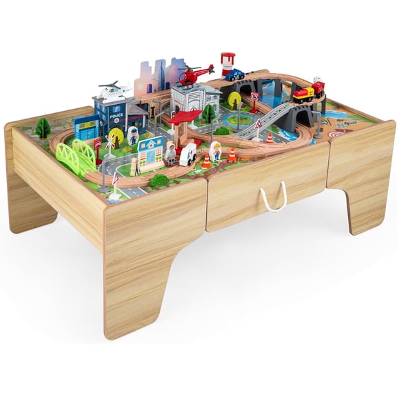 CGTER110-Piece Wooden Train Table with Drawer for 3+ Years Old Toddlers | 3-in-1 Kids Activity Play Set w/ Reversible Tabletop, Storage Space, Train Tracks, Figures, Vehicles, and Buildings