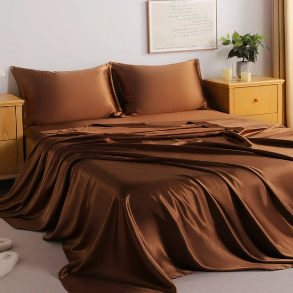 CGW 3-Piece Satin Bed Sheet Set, Twin – Luxury Silky Feel, Deep Pocket, Cooling & Breathable, Easy Care, Latte Brown