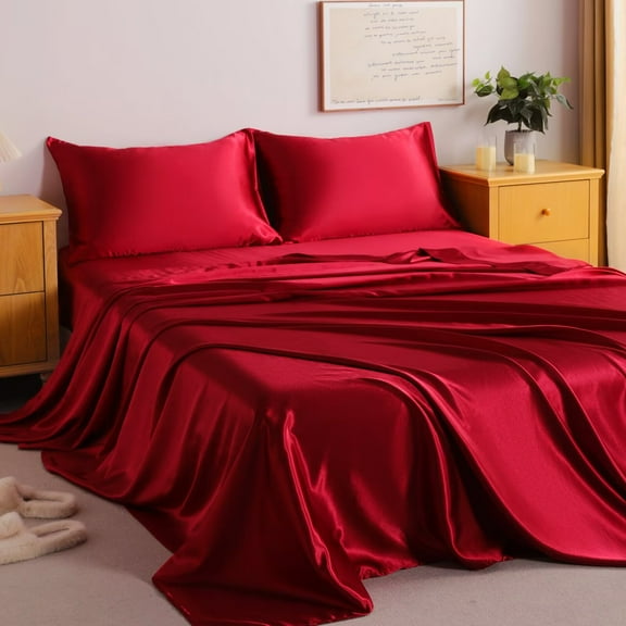 CGW 3-Piece Satin Bed Sheet Set, Twin XL – Luxury Silky Feel, Deep Pocket, Cooling & Breathable, Easy Care, Wine Red