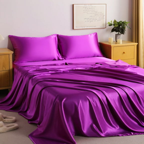 CGW 4-Piece Satin Bed Sheet Set, King – Luxury Silky Feel, Deep Pocket, Cooling & Breathable, Easy Care, Lavender Purple