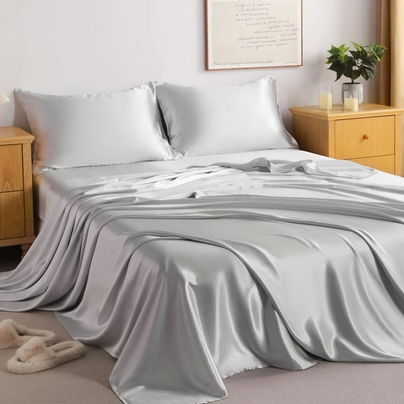 CGW 4-Piece Satin Bed Sheet Set, King – Luxury Silky Feel, Deep Pocket, Cooling & Breathable, Easy Care, Stardust Silver