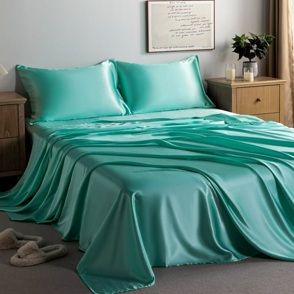 CGW 4-Piece Satin Bed Sheet Set, Queen – Luxury Silky Feel, Deep Pocket, Cooling & Breathable, Easy Care, Tiffany Blue
