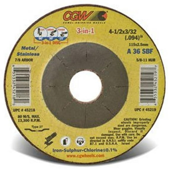 camel grinding wheels t24312 4-1/2" x .094 3-in-1 combo wheel, 13300 rpm, 7/8" bore
