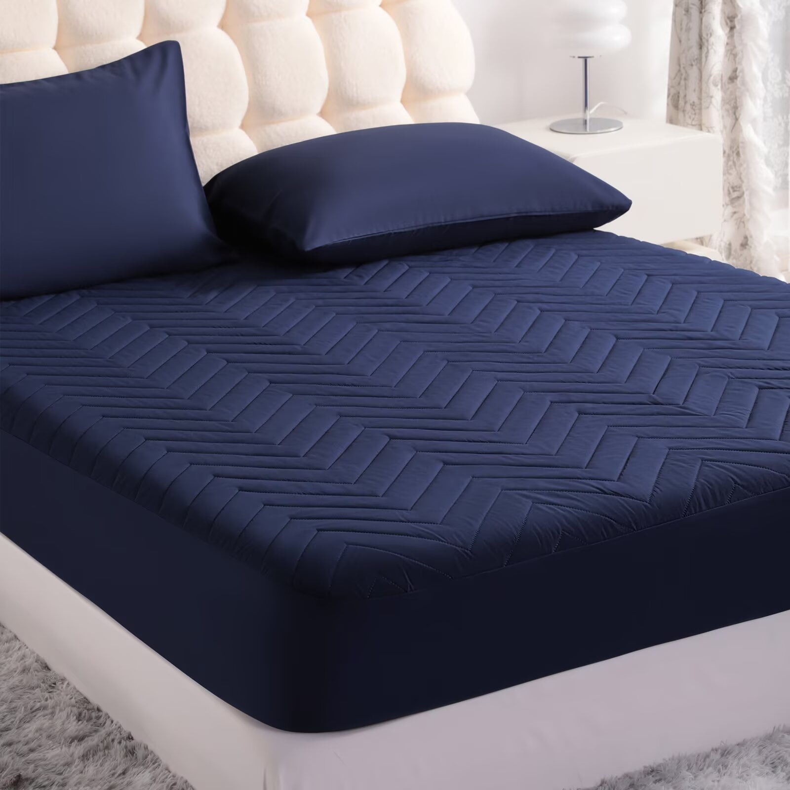 CGW Quilted Waterproof Mattress Protector Fitted Sheet, Deep Pocket, Brushed Fabric with TPU Backing, Breathable & Noiseless, Navy Blue, California King