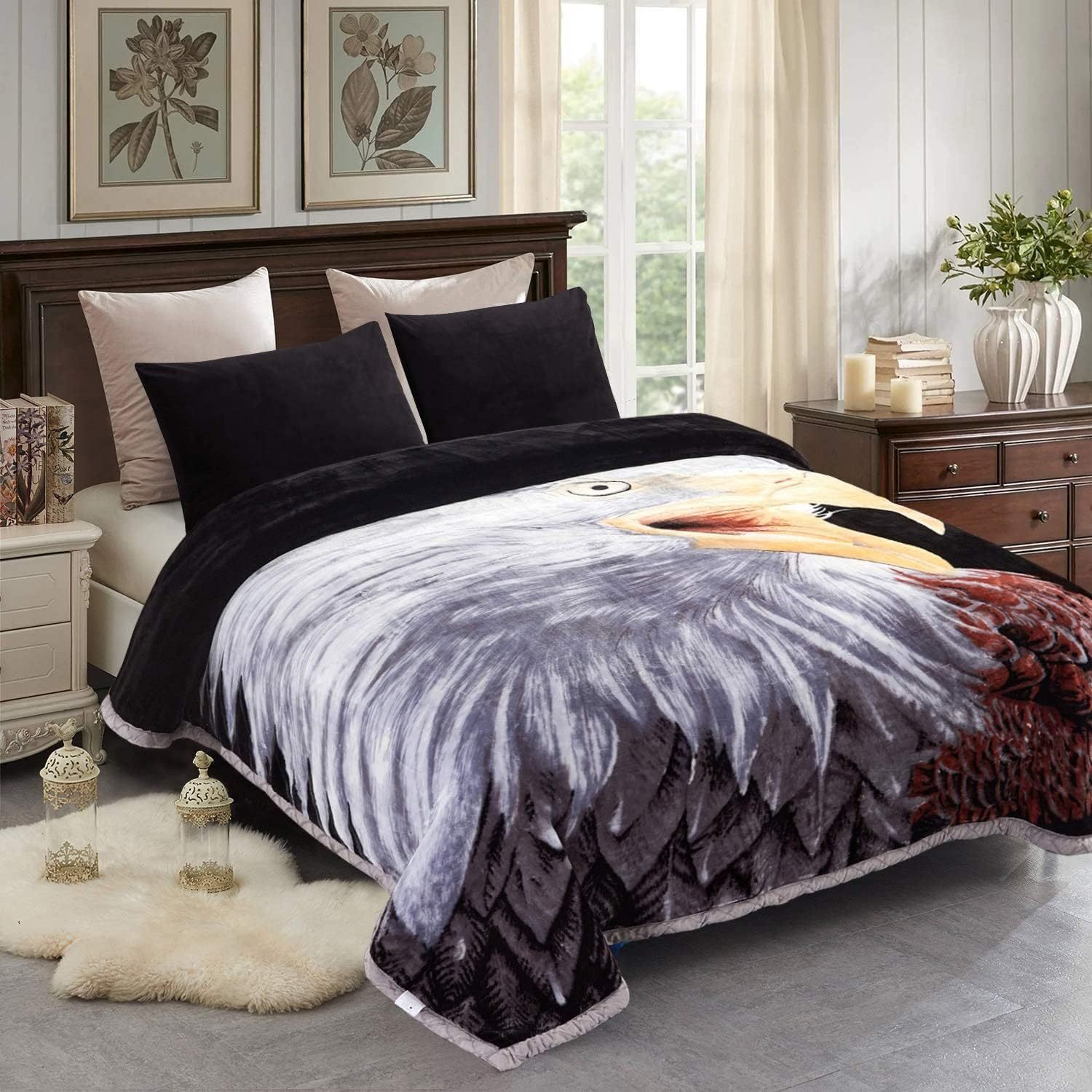 CGXP Korean Mink Blanket King Size (85" x 95", 10 lbs) -2 Ply 2 Sides Printed Soft Thick Reversible Plush Heavy Fleece Blanket for Bed, Eagle/Tiger