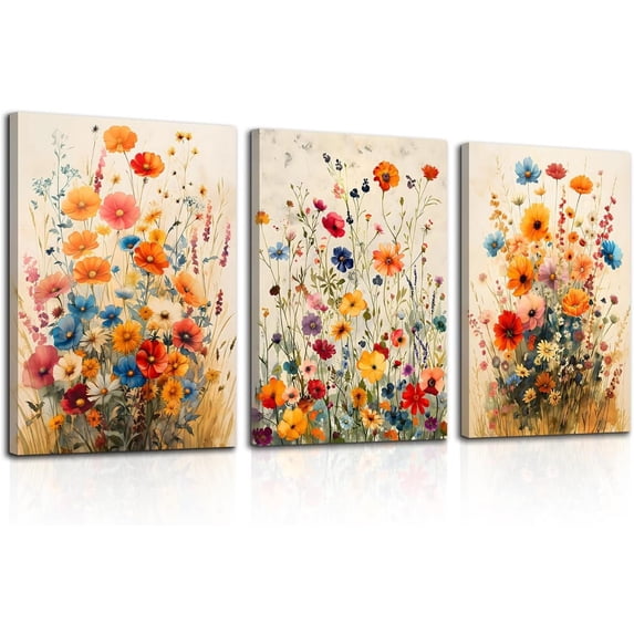 CGXY Watercolor Flowers Wall Art Colorful Flower Canvas Painting Botanical Floral Wall Decor Modern Botanical Wildflower Poster Prints for Living Room Bedroom Framed 12"x16"x3Pcs