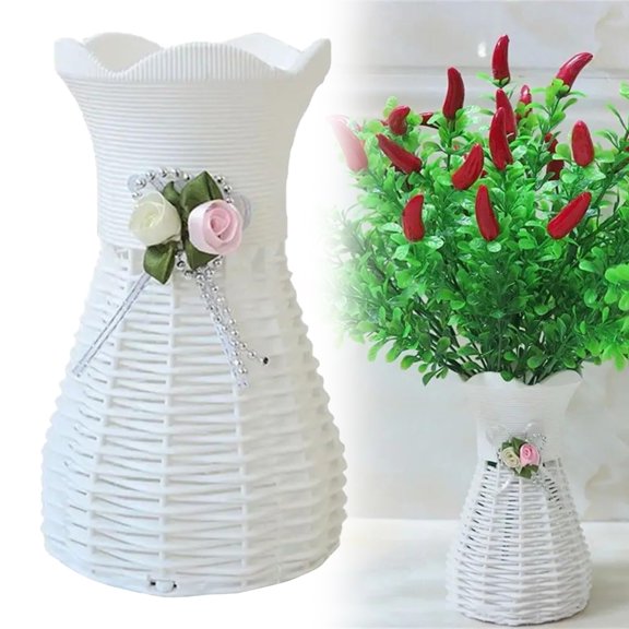 CGZQFEI Rattan Flower Vase - Handmade Bohemian Plant Basket with Macrame Hanger for DIY Home Table/Coffee Bar Decor (6.5" Height)