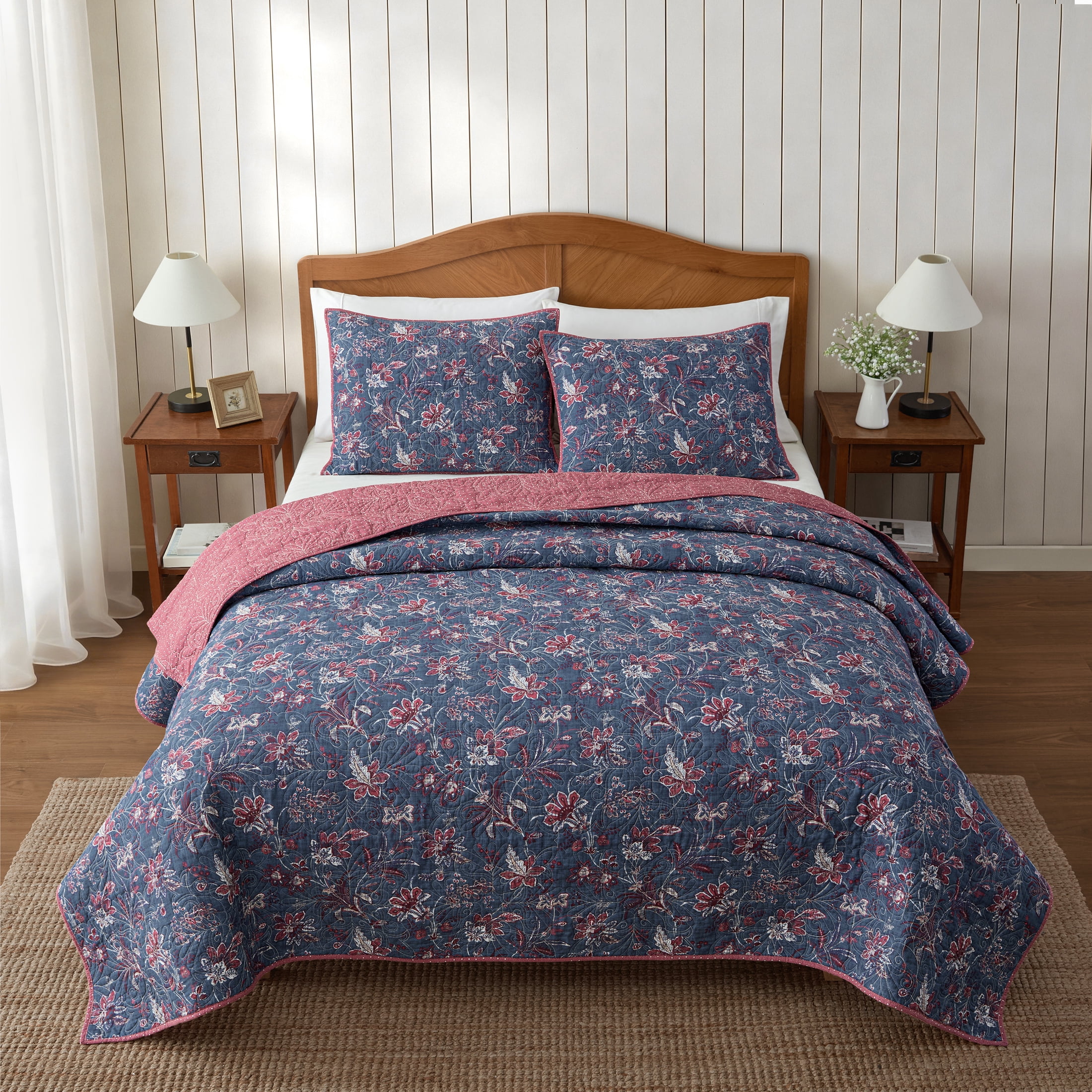 Country Home Queen Quilt Set, 100% Cotton & Reversible, Americana Floral Print, 3-Piece