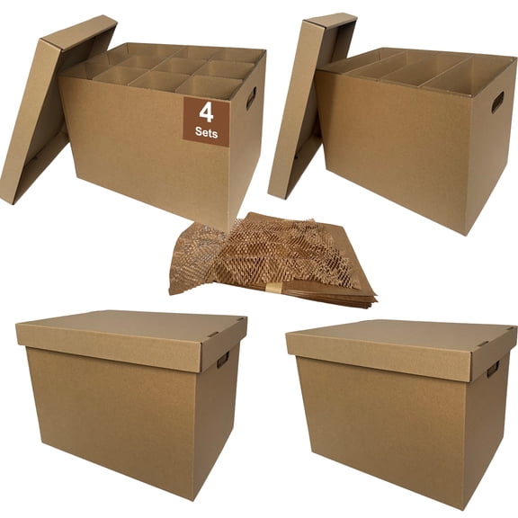 CH-BOX Kitchen Moving Boxes with Wine Dish Glass Packaging Divider Kits and Cushion Wraps, 4 Pack 17x12x12'', Reinforced Handles, Tape-Free (CK171212)