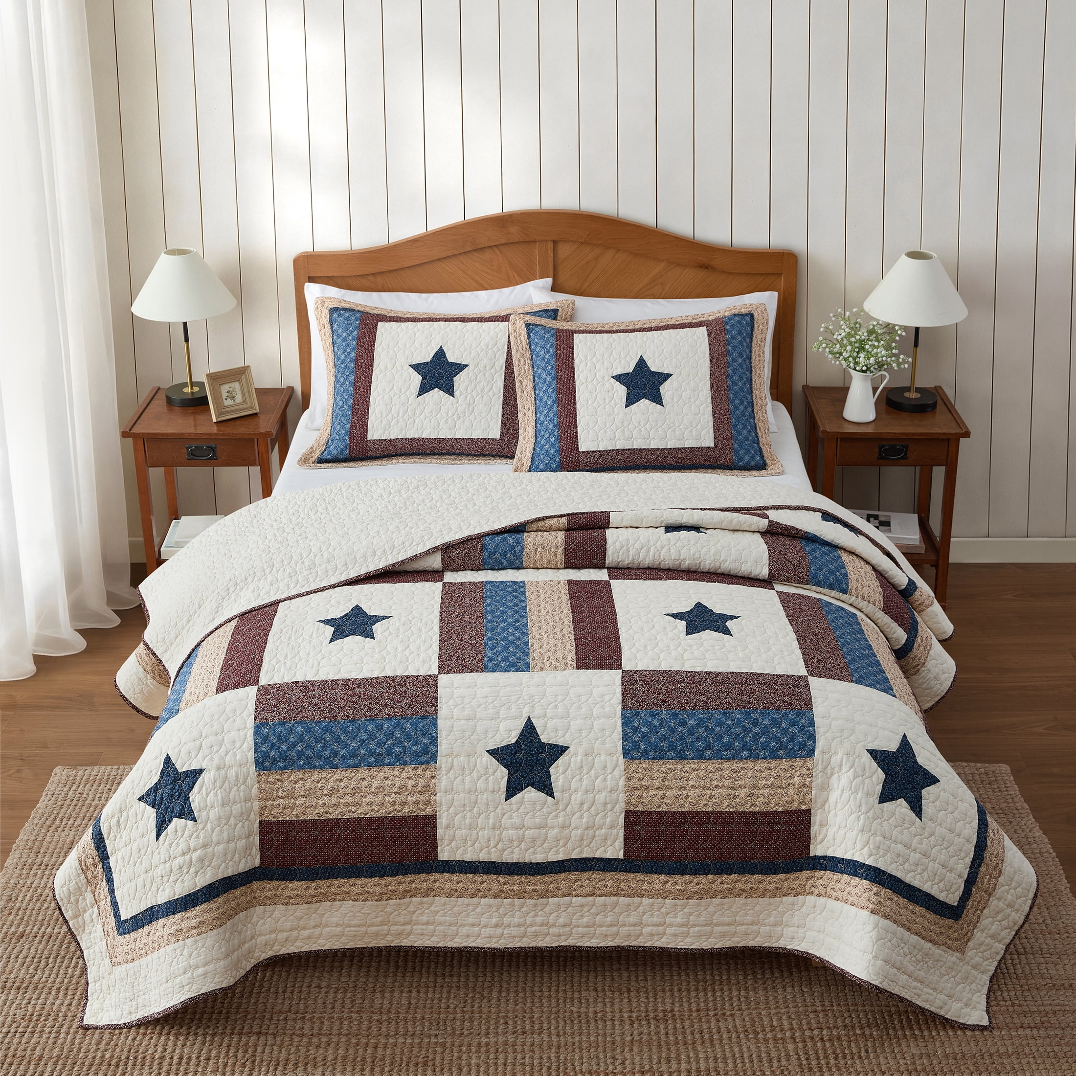 Country Home Queen Quilt Set, 100% Cotton & Reversible, Americana Stars Patchwork, 3-Piece