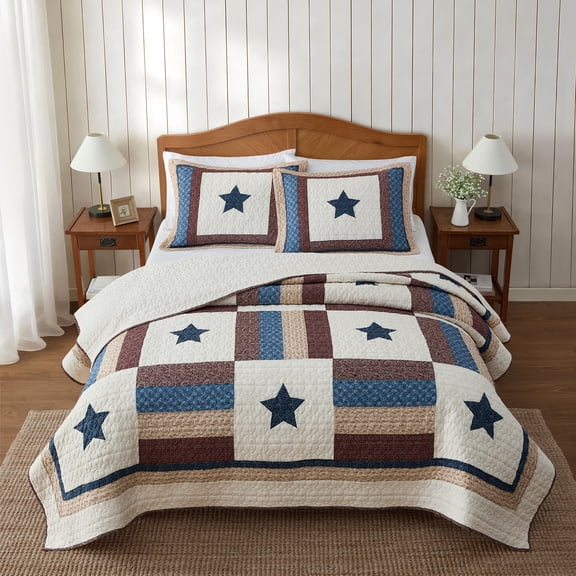 Country Home Queen Quilt Set, 100% Cotton & Reversible, Americana Stars Patchwork, 3-Piece