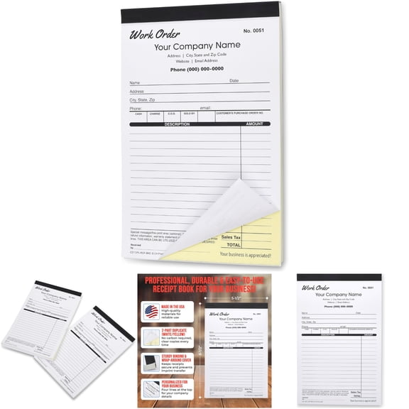 CH Printco CST-DPL-RCP-BKS Custom Duplicate Business Forms and Carbonless Books with Your Company Name, 2 Books (100 Sets) Numbered (Work Order)