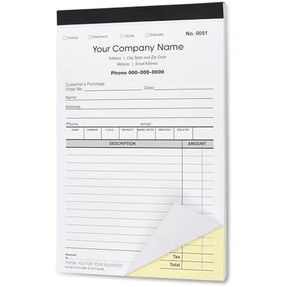 CH Printco Custom Sales, Invoice, Statement, Estimate, Quote, Personalized Multipurpose Duplicate Carbonless Form with Your Company Name - 2 Books (100 Sets) 5-1/2" Wide x 8-1/2" Tall.$$Office