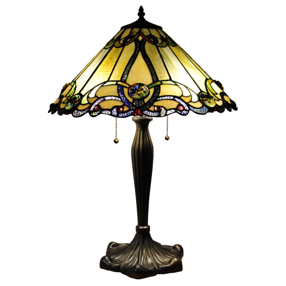 Victorian Amber Stained Glass Table Lamp with Bronze Base, 26 Inches