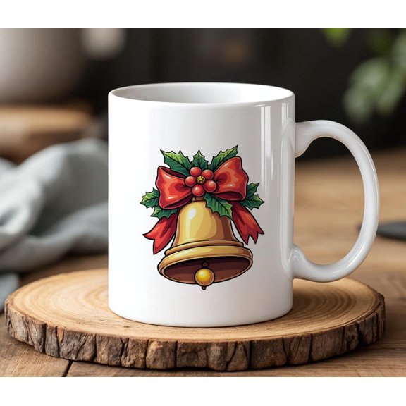 CH1Ristmas Bell Mug 330ml H1oliday RibB1On and HO1LLY Design FeS1offee Cup Xmas GifT1 Idea Winter Cheer Mug
