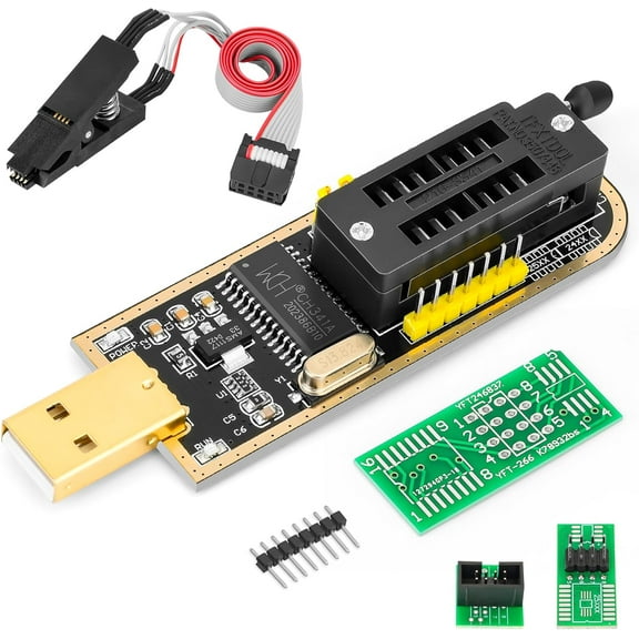 CH341A Programmer SOIC8 SOP8 Flash Chip Eeprom Programmer IC BIOS Test Clips EEPROM Programmer for Most of 24 25 Series 93C46 Flash BIOS USB Programmer Module (Double Clip+ USB)