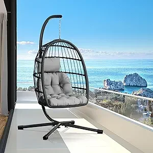 CHABATREE Egg Chair with Stand,Patio Rattan Wicker Hanging Swing