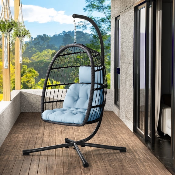 CHABATREE Egg Chair with Stand,Patio Rattan Wicker Hanging Swing Egg Chair Hammock Chair for Bedroom Porch Garden,Thickened Aluminum Alloy Steel Frame and UV Resistant Cushion,350LBS Capacity