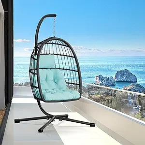 CHABATREE Egg Chair with Stand – Patio Rattan Wicker Hanging Swing Hammock Chair for Bedroom, Porch & Garden, Thickened Aluminum Alloy Steel Frame, UV-Resistant Cushion, 353LBS Capacity