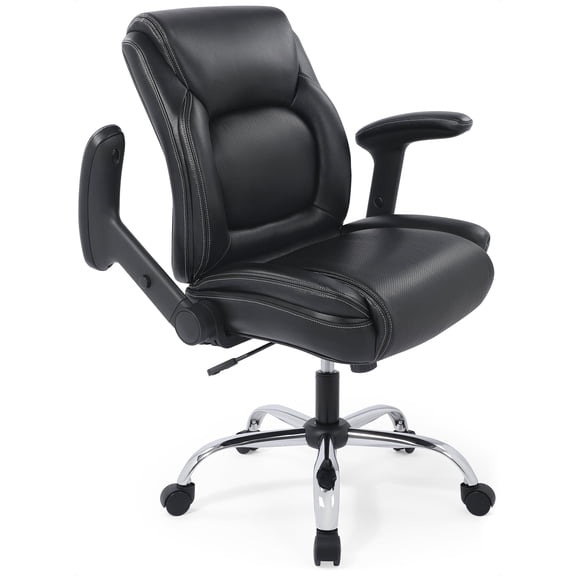 CHAIRMAN® Ergonomic Heavy Duty Mid-Back Bonded Leather Padded Adjustable-Height/Tilt Executive Office Chair, Comfortable Swivel Rolling Computer Desk Task Office Stool with Flip-Up & Lift Arms, Black