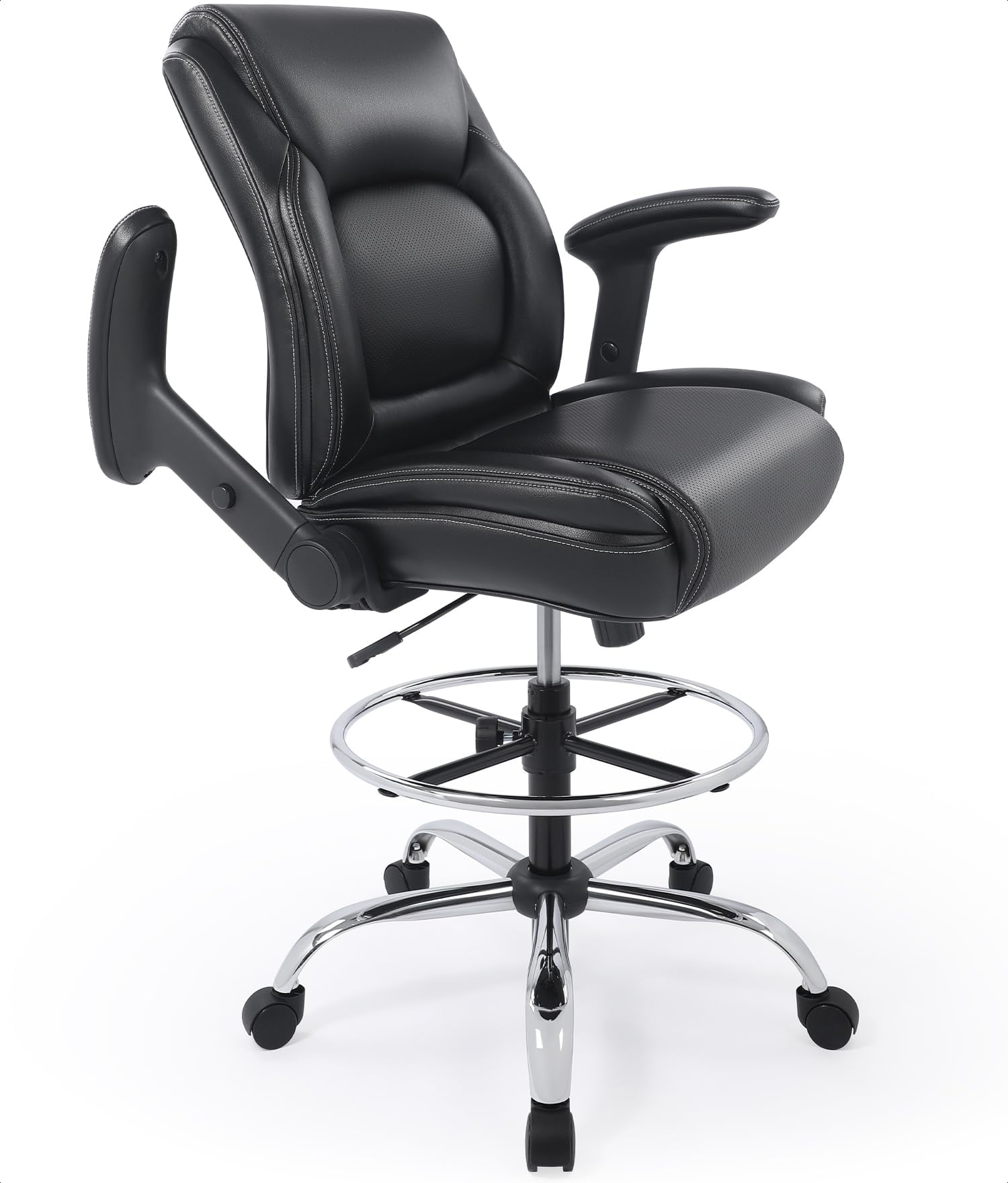 CHAIRMAN® Ergonomic Mid-Back Bonded Leather Adjustable Drafting Chair with Multi-Function Arms and Foot Ring, Standing-Desk Matched Tall Swivel Computer Office Stool, Black