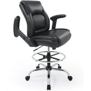 CHAIRMAN  Ergonomic Mid-Back Bonded Leather Adjustable Drafting Chair with Multi-Function Arms and Foot Ring, Standing-Desk Matched Tall Swivel Computer Office Stool, Black