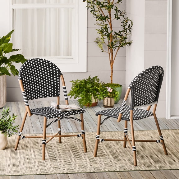 Better Homes & Gardens Lilah 2-Piece Wicker Outdoor Parisian Bistro Chairs, Black & White