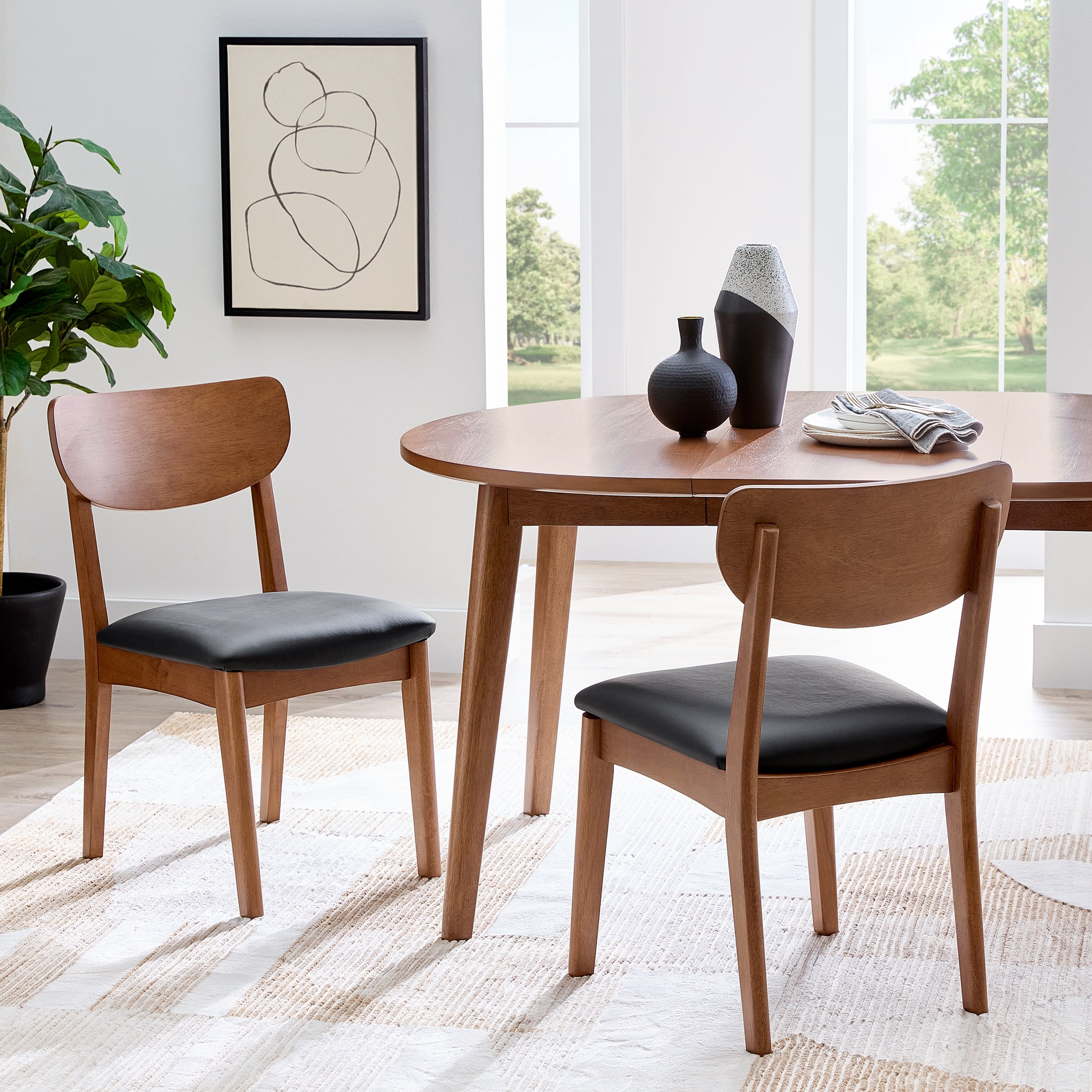 Better Homes & Gardens Greyson Mid-Century Dining Chairs, Black Faux Leather, Acorn Finish, Set of 2