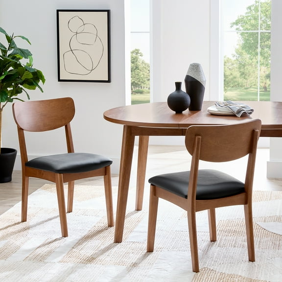 Better Homes & Gardens Greyson Mid-Century Dining Chairs, Black Faux Leather, Acorn Finish, Set of 2